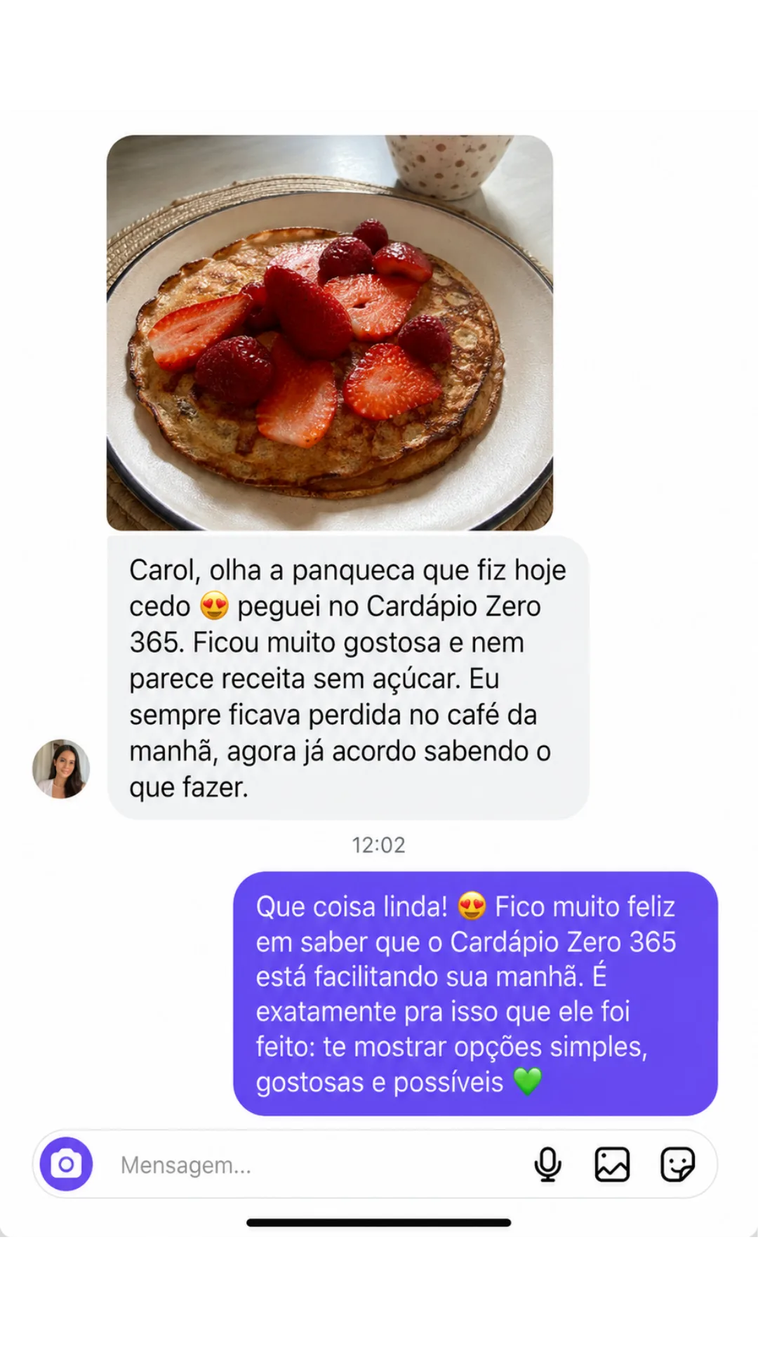 Depoimento de cliente sobre o Cardápio Zero 365 no WhatsApp