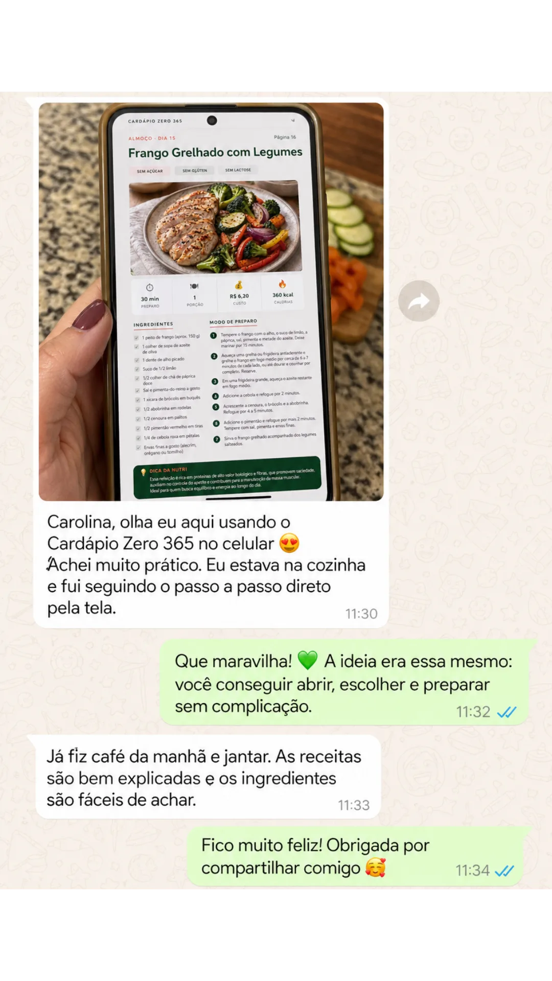 Depoimento de cliente sobre o Cardápio Zero 365 no WhatsApp