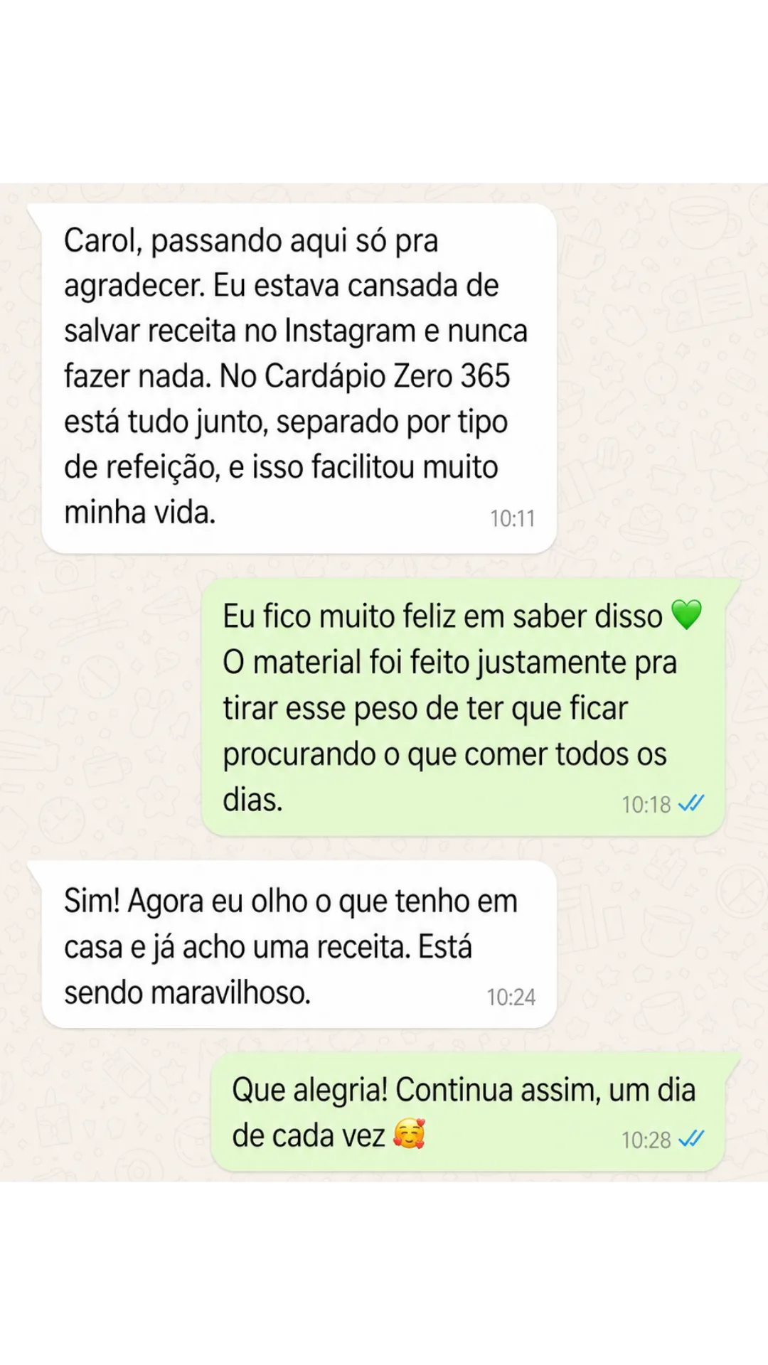 Depoimento de cliente sobre o Cardápio Zero 365 no WhatsApp