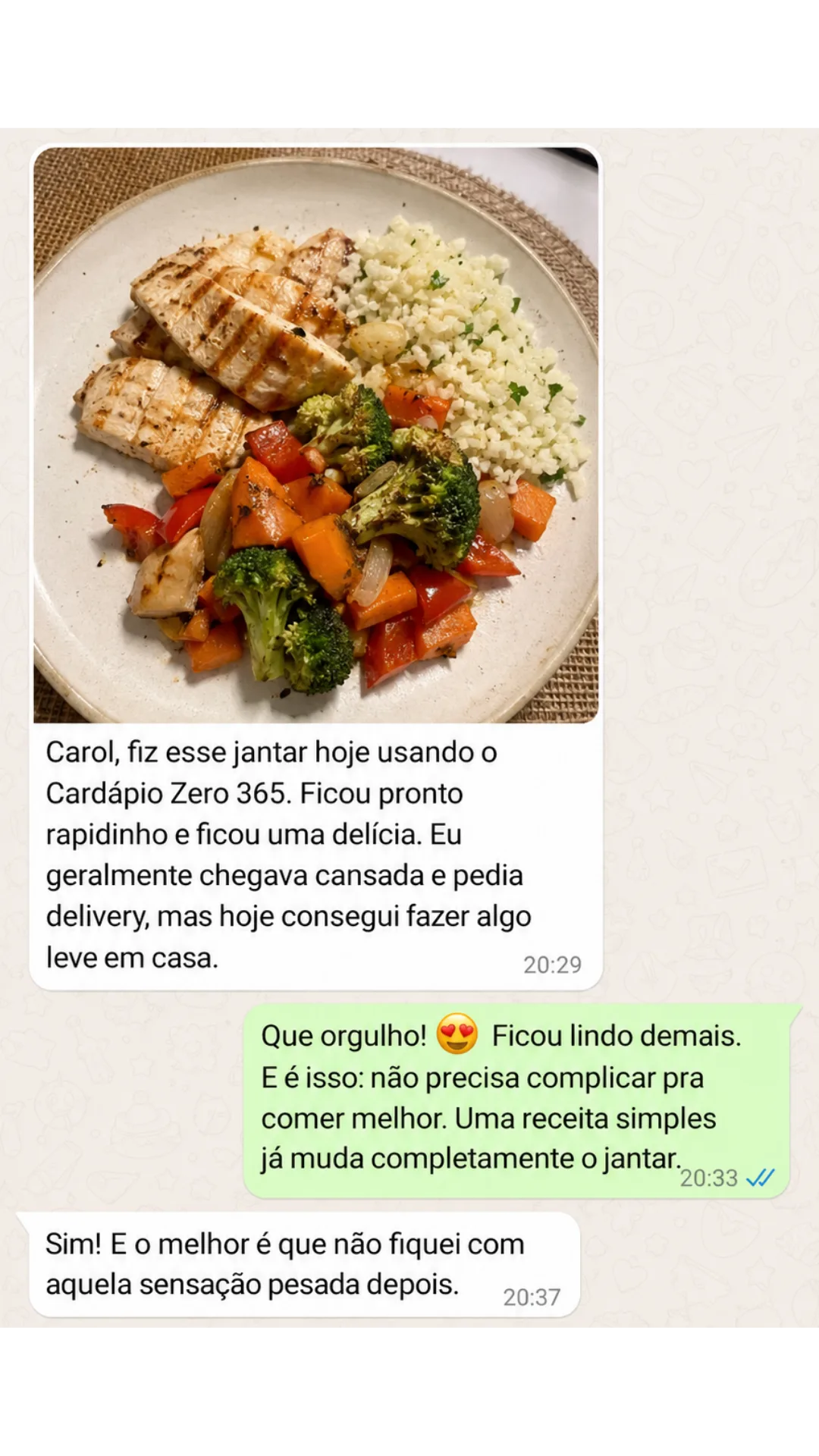 Depoimento de cliente sobre o Cardápio Zero 365 no WhatsApp