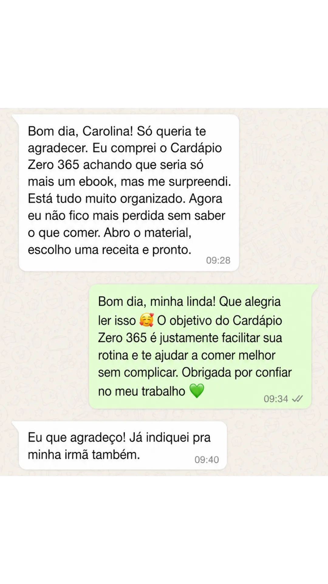 Depoimento de cliente sobre o Cardápio Zero 365 no WhatsApp