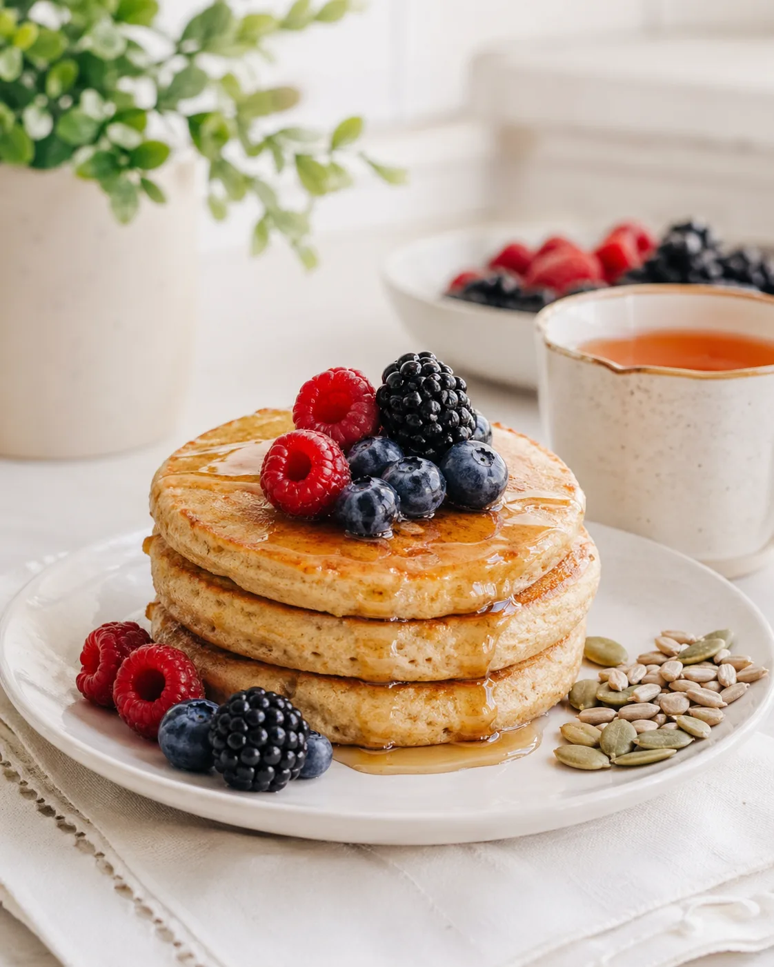 Panquecas fofinhas zero açúcar com frutas vermelhas e xarope