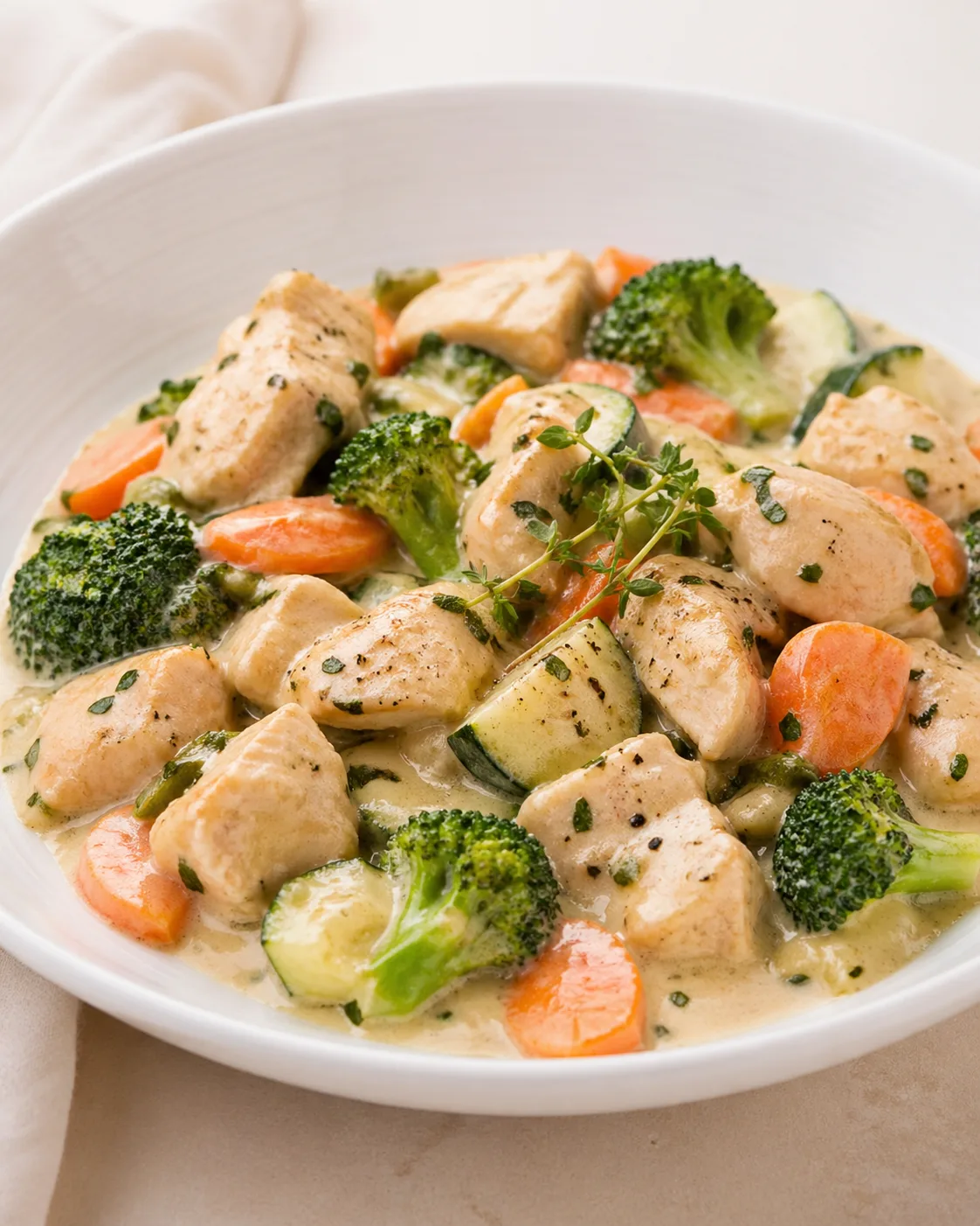 Frango cremoso com brócolis, cenoura e abobrinha zero açúcar