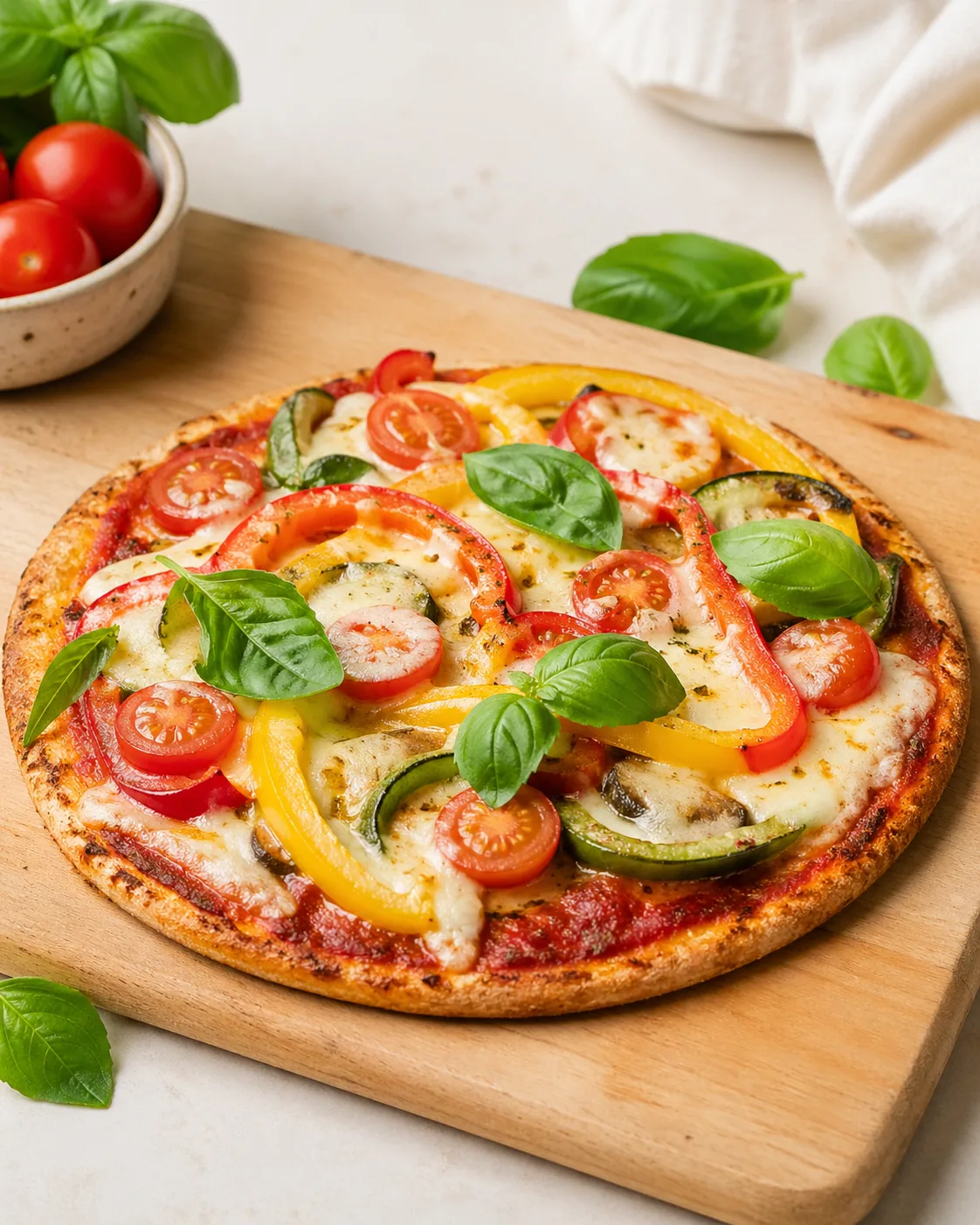 Pizza de massa fina sem glúten com legumes e manjericão