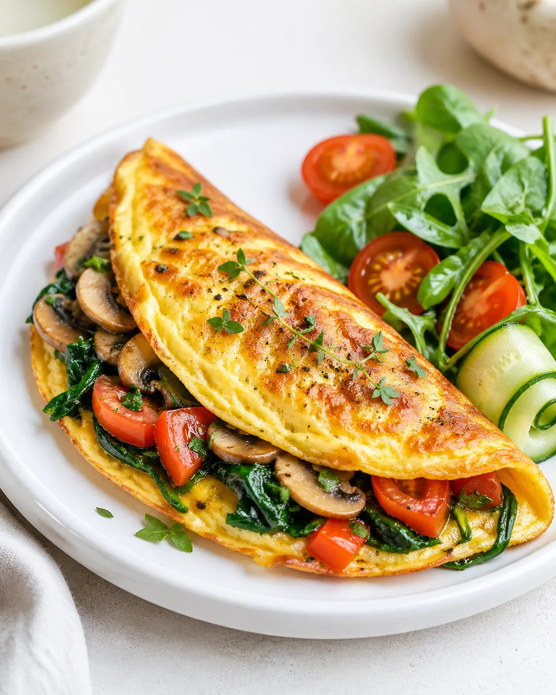Omelete recheado com cogumelos, espinafre e tomate com salada