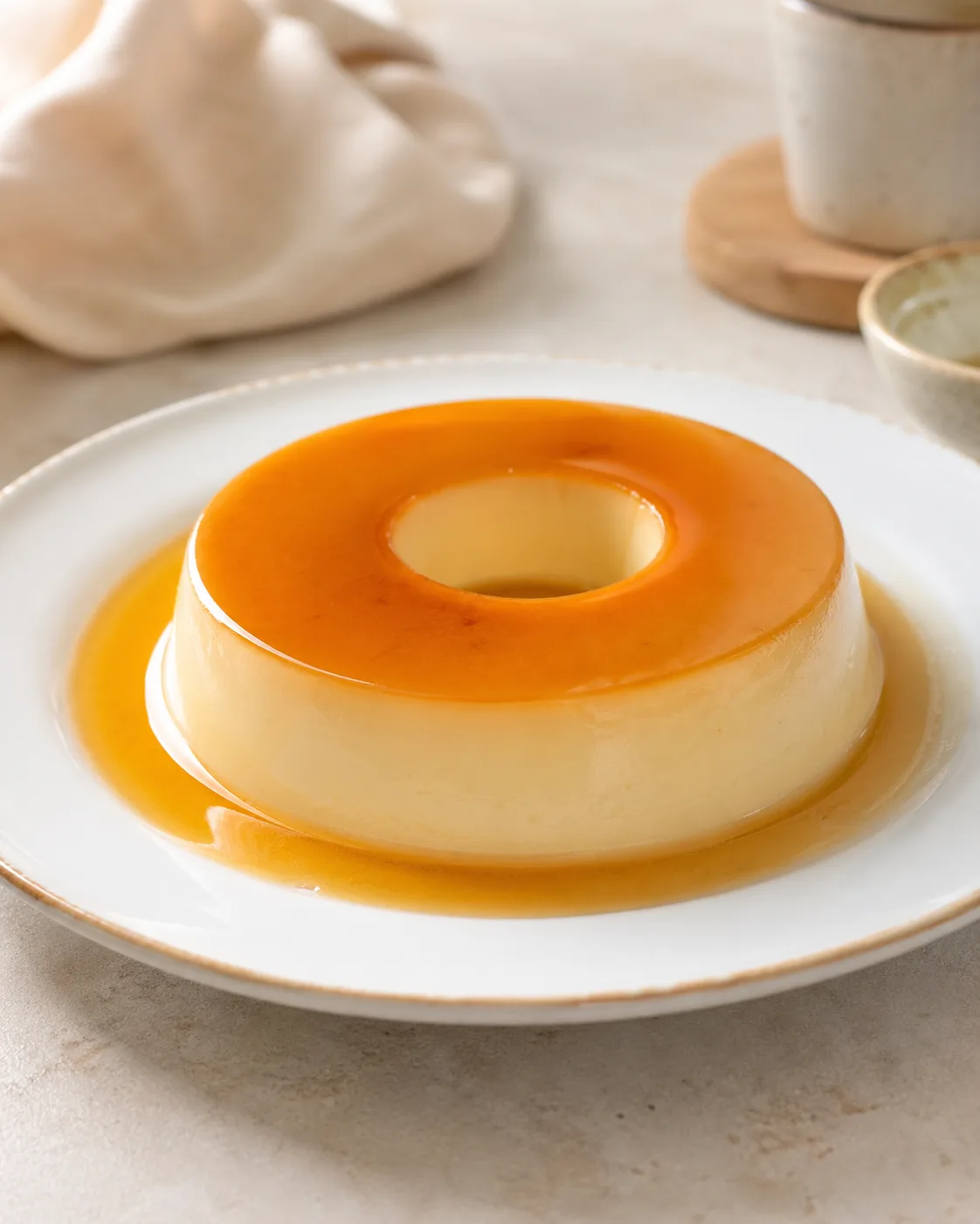 Pudim de leite sem açúcar com calda de caramelo dourada