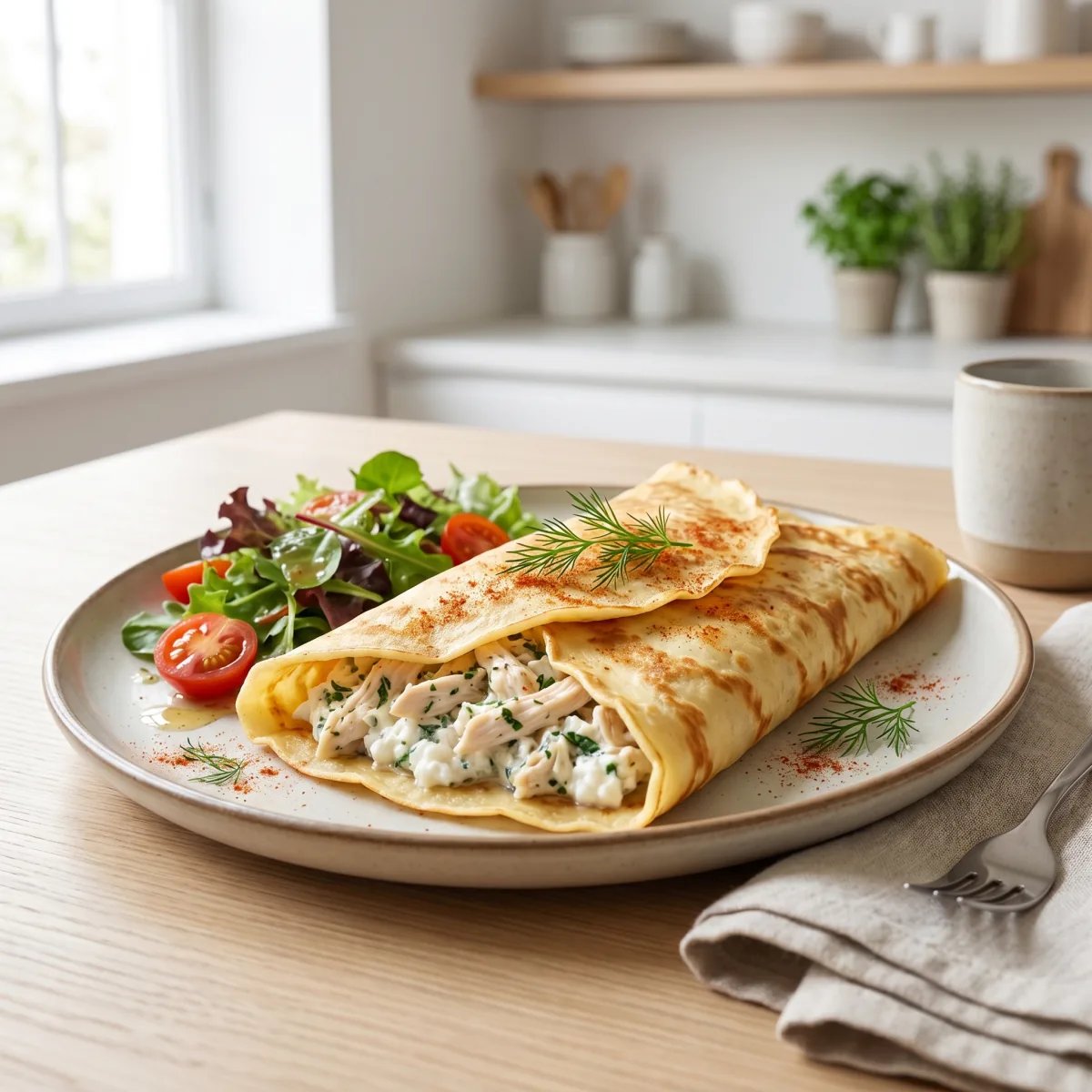 Panqueca enrolada recheada com frango cremoso e salada
